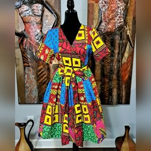 NWT African Ankara Patchwork Print Wrap Dress SZ M